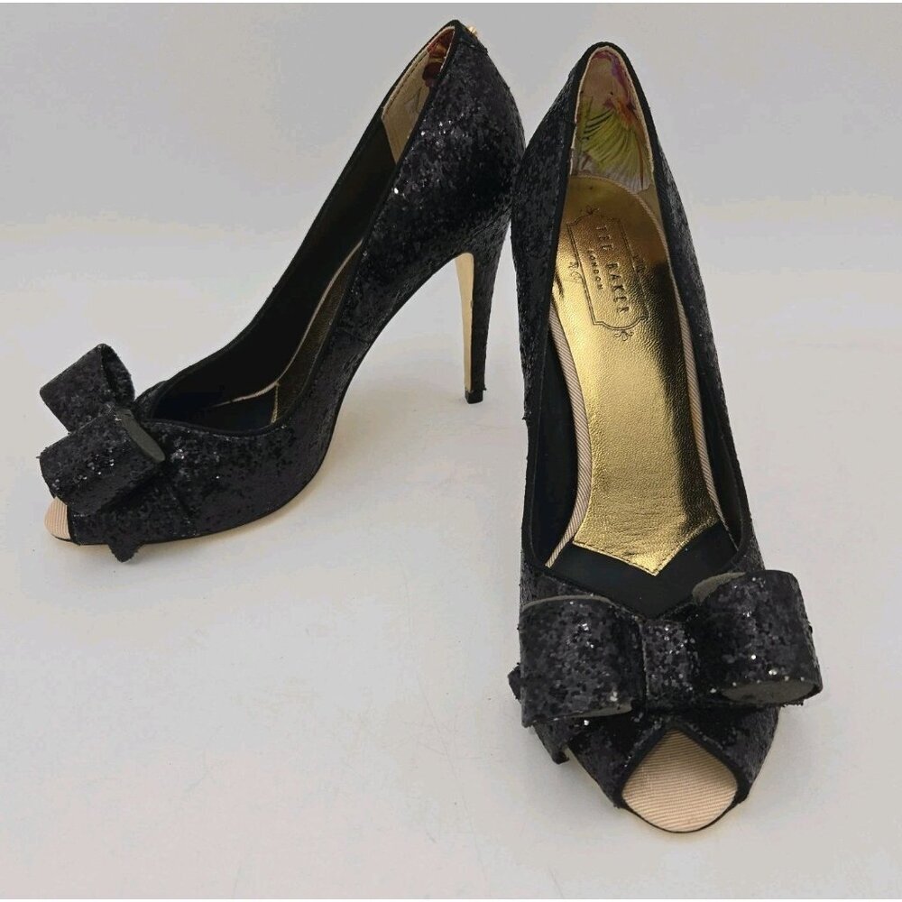 Ted Baker London Keanah Big Bow Peep Toe Black Sparkles High‎ Heel Pumps Shoes 9